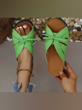 Green Women's Slide Wedge Sandals with Bow Accent